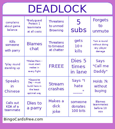 DEADLOCK Bingo Card