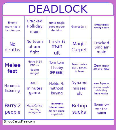 Deadlock Bingo Card