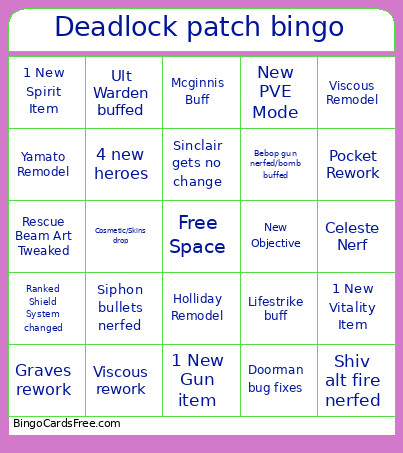 Deadlock Patch Bingo Card