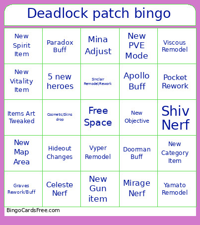 Deadlock Patch Bingo Card