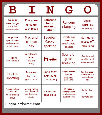 Dean Dining Bingo Card