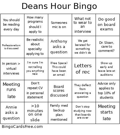 Dean’s Hour Bingo Card