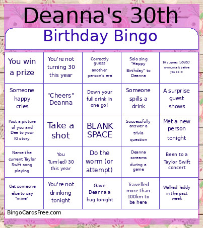 Deanna's 30th Birthday ! Bingo Card