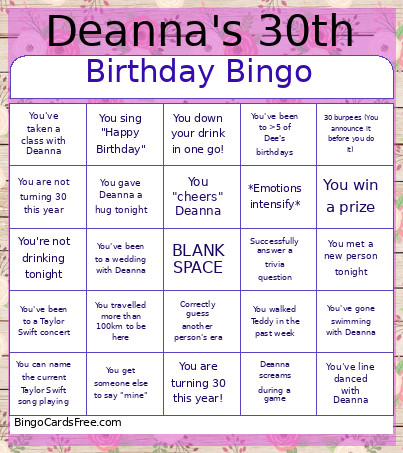 Deanna's Birthday Bingo Card
