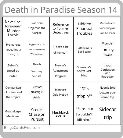 Death in Paradise Season 14 Bingo Cards Free Pdf Printable Game, Title: Death in Paradise Season 14