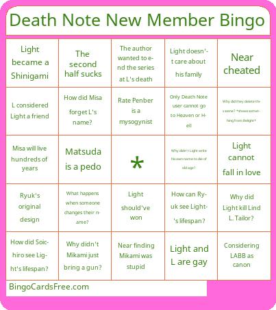 Death Note New Member Bingo