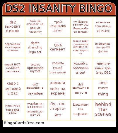 DEATH STRANDING 2 Special Panel at SXSW Bingo Cards Free Pdf Printable Game, Title: DS2 INSANITY BINGO