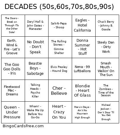 DECADES (50s,60s,70s,80s,90s) Bingo Card