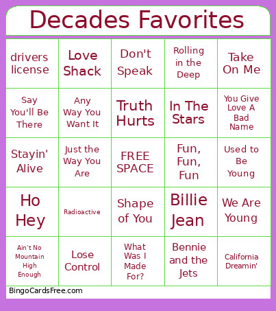 Decades Favorites Bingo Card