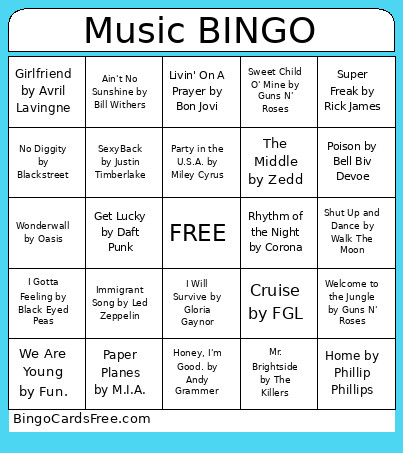 Decades Hits Bingo Card