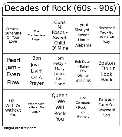 Decades Of Rock (60s - 90s) Bingo Card