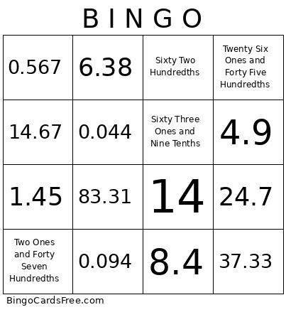 Decimal Operations Bingo