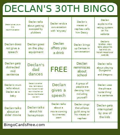 DECLAN'S 30TH Bingo Card