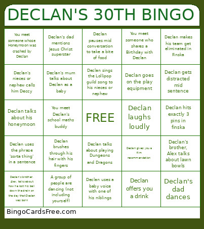 DECLAN'S 30TH Bingo Card