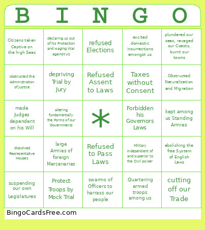 Declaration Of Indepence Bingo Card