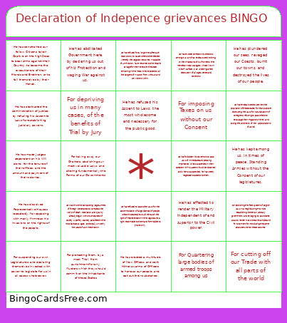 Declaration Of Indepence Grievances Bingo Card