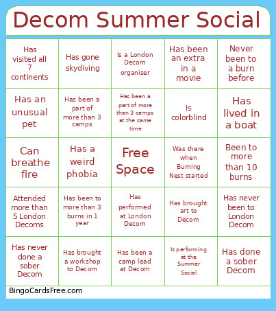 Decom Summer Social Bingo Card