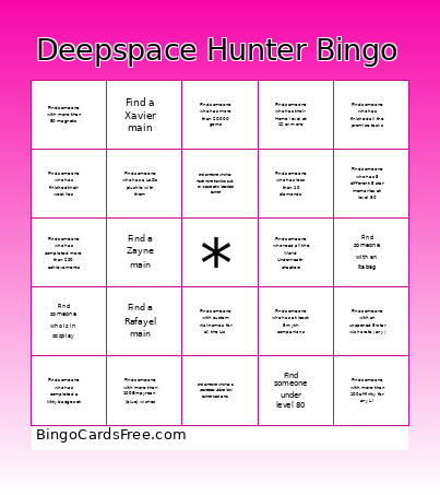 Deepspace Hunter Bingo Card