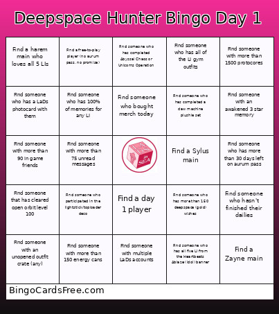 Deepspace Hunter Day 1 Bingo Card