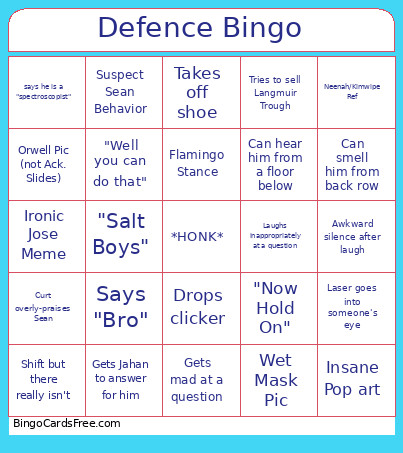 Defence Bingo Card