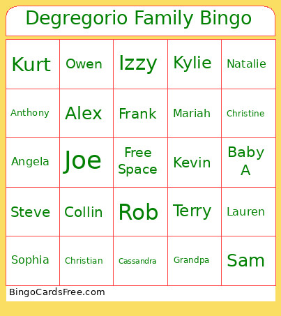 Degregorio Family Bingo Card