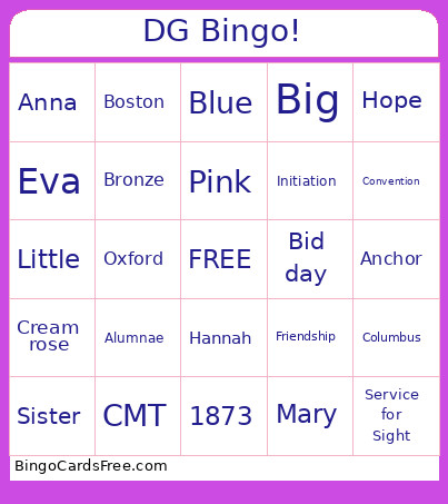 Delta Gamma Bingo Card