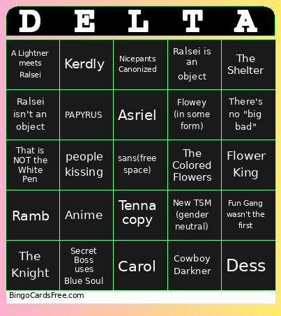 Deltarune Ch. 5 Predictions Bingo Card