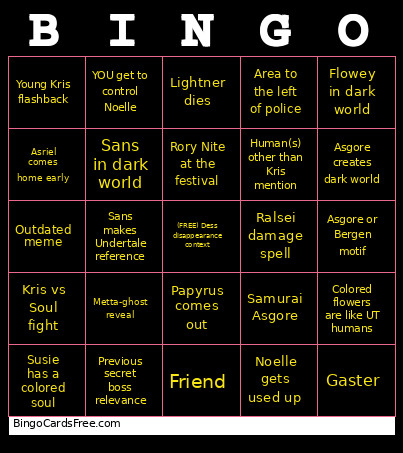 Deltarune Ch5 Prediction Bingo Card