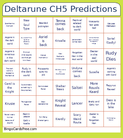Deltarune CH5 Predictions Bingo Card