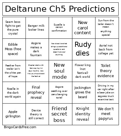 Deltarune Ch5 Predictions Bingo Card
