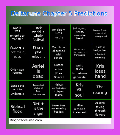 Deltarune Chapter 5 Predictions Bingo Card