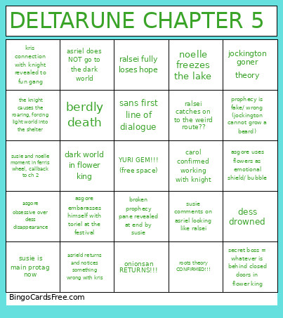 Deltarune Chapter 5 Predictions Bingo Card