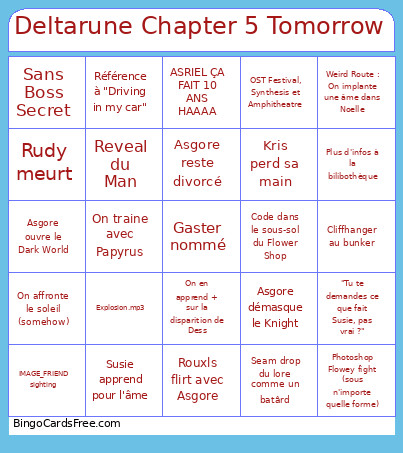 Deltarune Chapter 5 Tomorrow Bingo Card