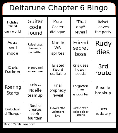 Deltarune Chapter 6 Bingo Card