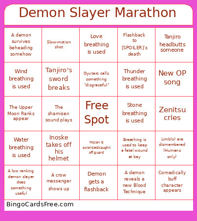 Demon Slayer Marathon Bingo Card