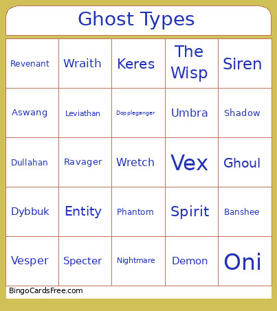 Demonology Ghost Types Edition Updated Bingo Card