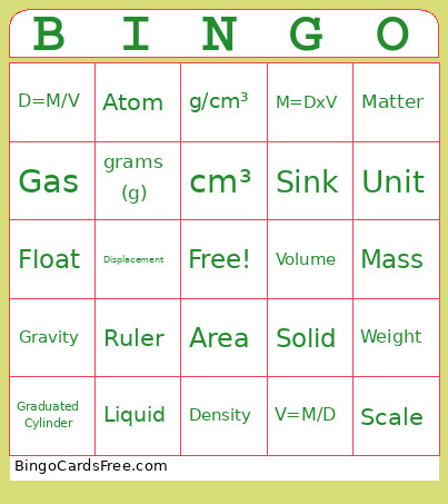 Density Bingo Card