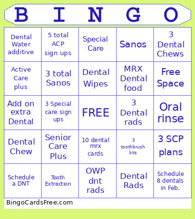 Dental Month Bingo Card