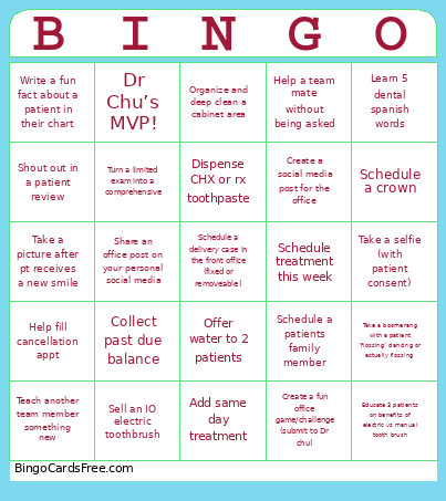 Dental Office Challenge Bingo Card