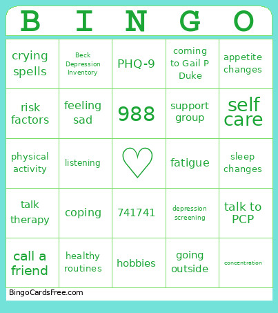 Depression Screening Bingo Card