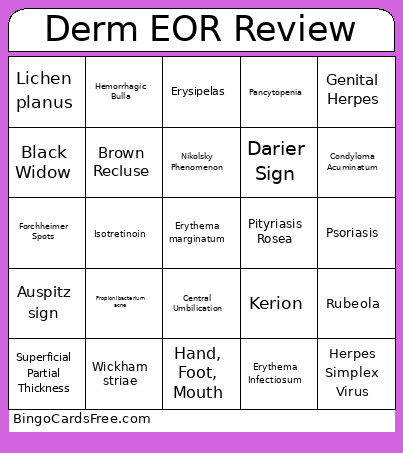 Derm EOR Review Bingo Card