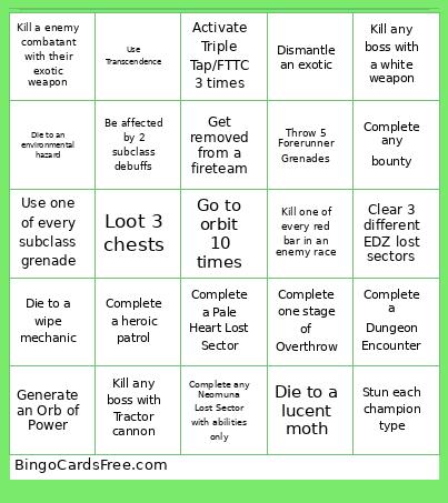Destiny 2 Bingo Card