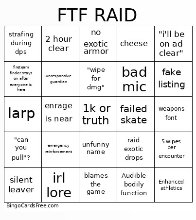 Destiny 2 Raid Bingo Card