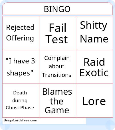 Destiny Bingo: Raid Night Edition Cards Free Pdf Printable Game, Title: BINGO