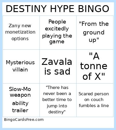 DESTINY HYPE Bingo Card