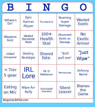 Destiny Raid LFG Bingo Card