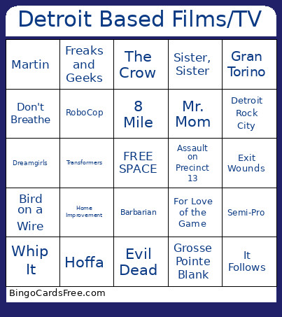 Detroit Based Films/TV Bingo Card