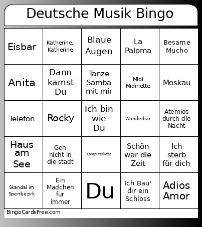 Deutsche Musik Bingo Card