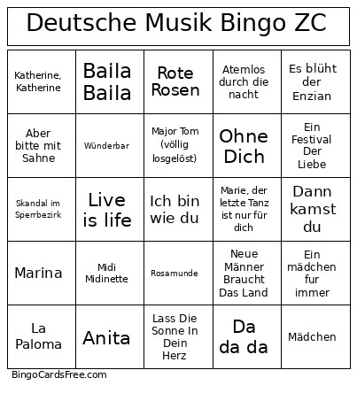 Deutsche Musik ZC Bingo Card