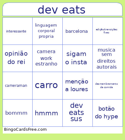 Dev Eats Bingo Card